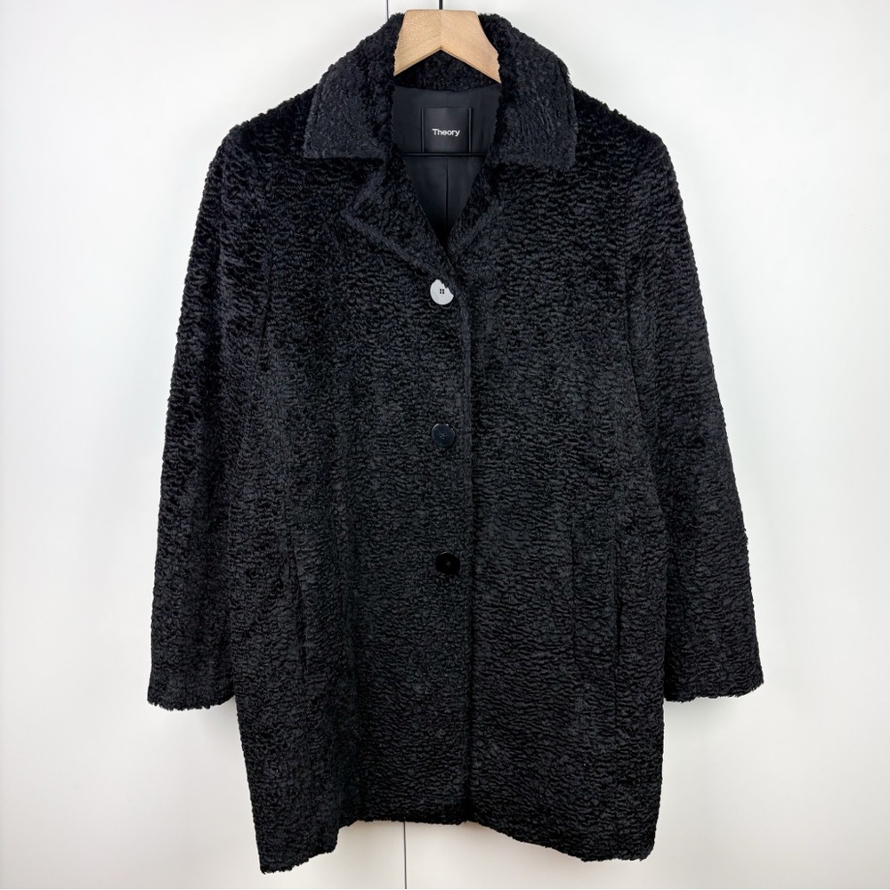 Theory Faux Astrakhan Fur Relaxed Trench Coat Jacket Black Small Long Womens